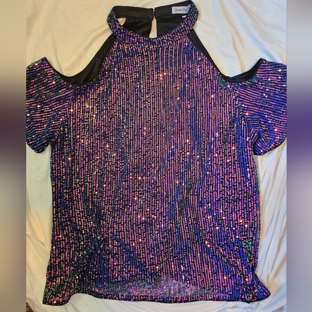 LIKE NEW Womens Glittering Blue Cold Shoulder Sequin Party Top